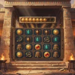 Illustration of a five-reel slot grid framed by four stone gates with glowing bonus symbols