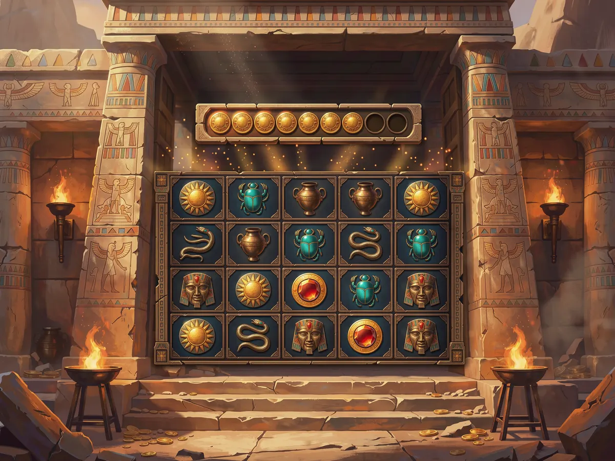 Illustration of a five-reel slot grid framed by four stone gates with glowing bonus symbols