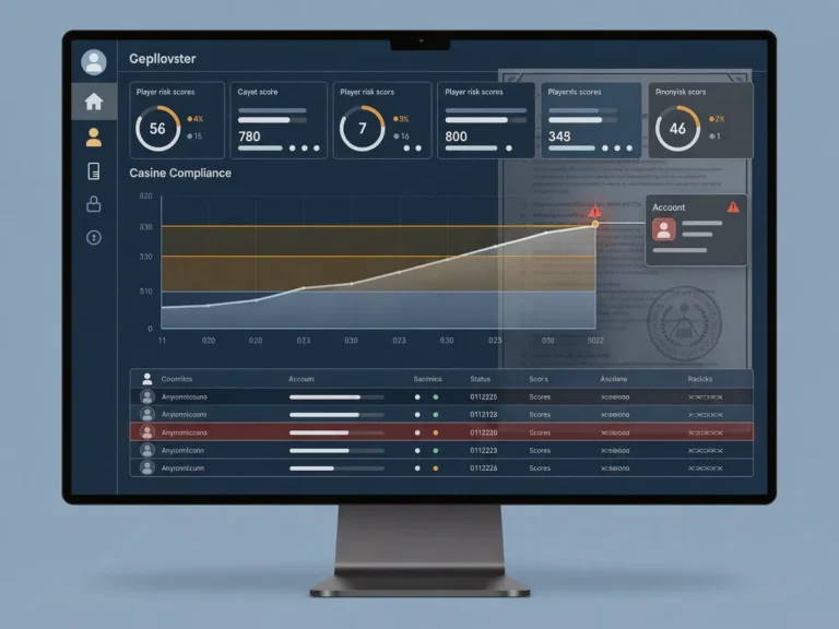 Compliance dashboard showing AI-generated player risk scores and a flagged account alert
