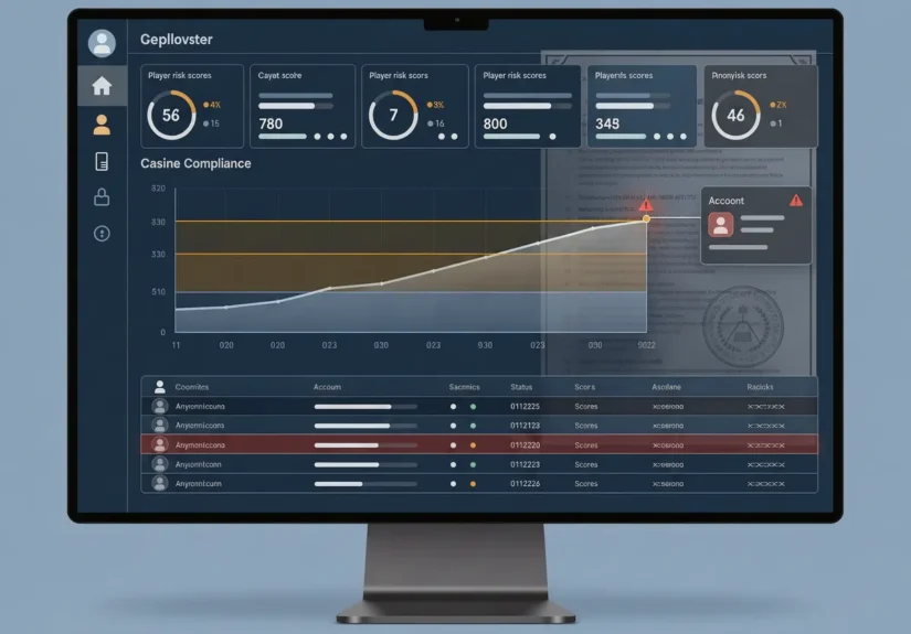 Compliance dashboard showing AI-generated player risk scores and a flagged account alert