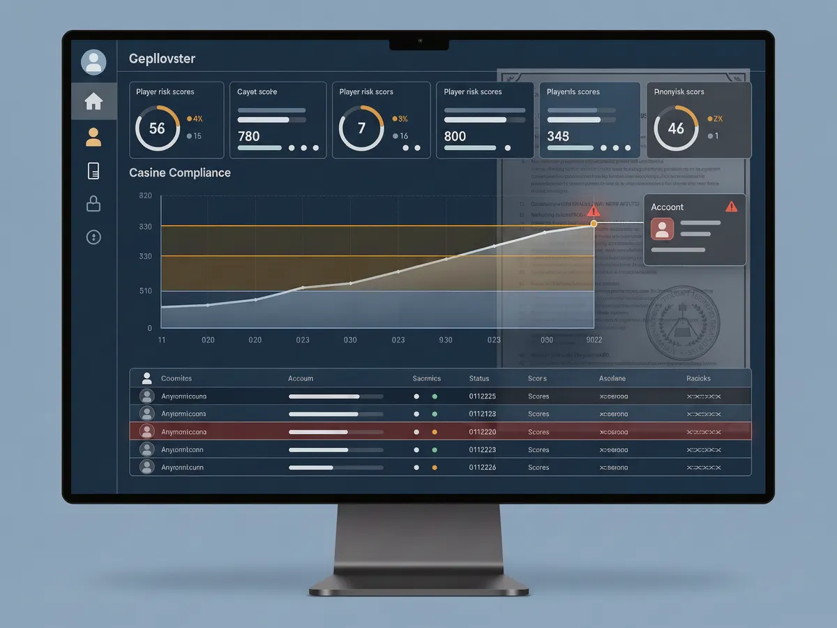Compliance dashboard showing AI-generated player risk scores and a flagged account alert