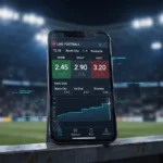 Live sportsbook odds updating on a mobile betting app with data visualisation in the background