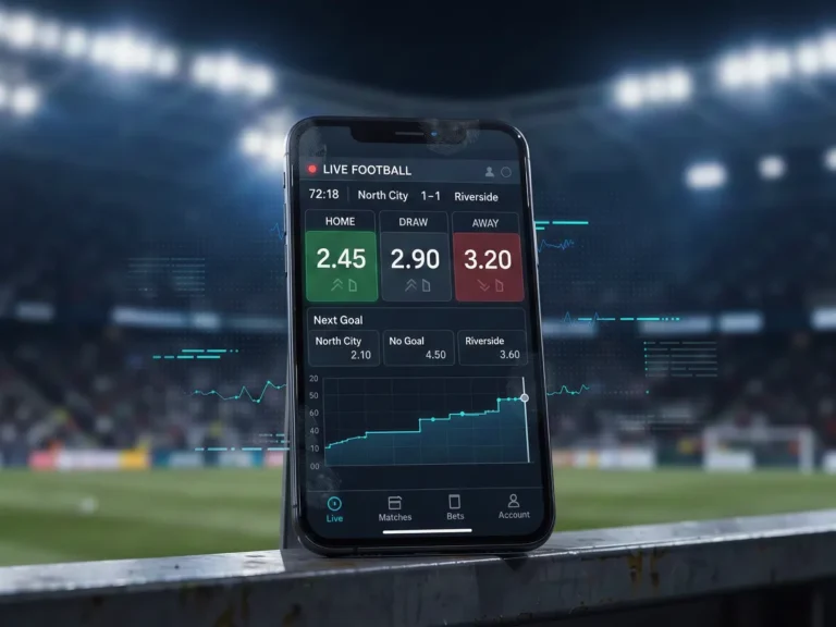 Live sportsbook odds updating on a mobile betting app with data visualisation in the background