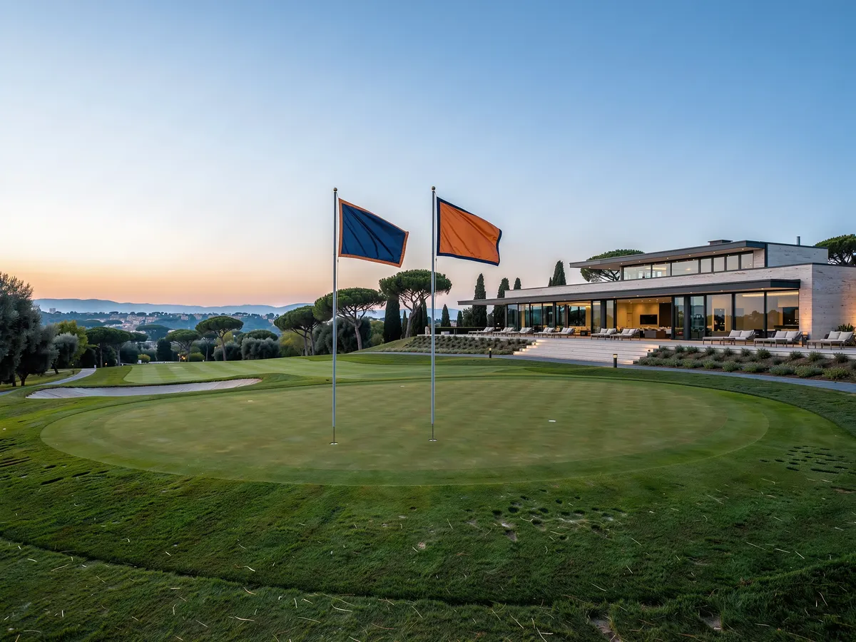 Golf course at dusk with two team flags near the green, representing the Alea and ALL IN Platform tournament in Rome