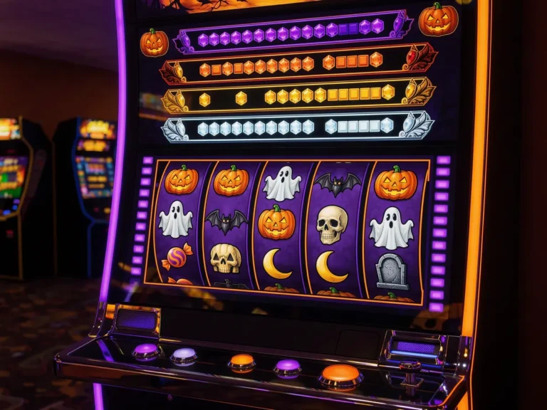 Halloween themed slot machine screen showing linked jackpot tier meters above the reels