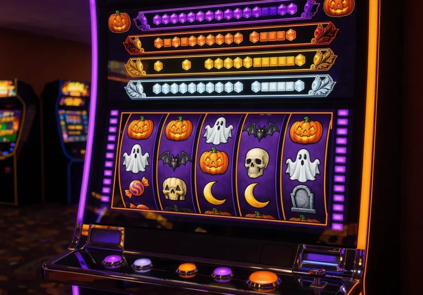 Halloween themed slot machine screen showing linked jackpot tier meters above the reels