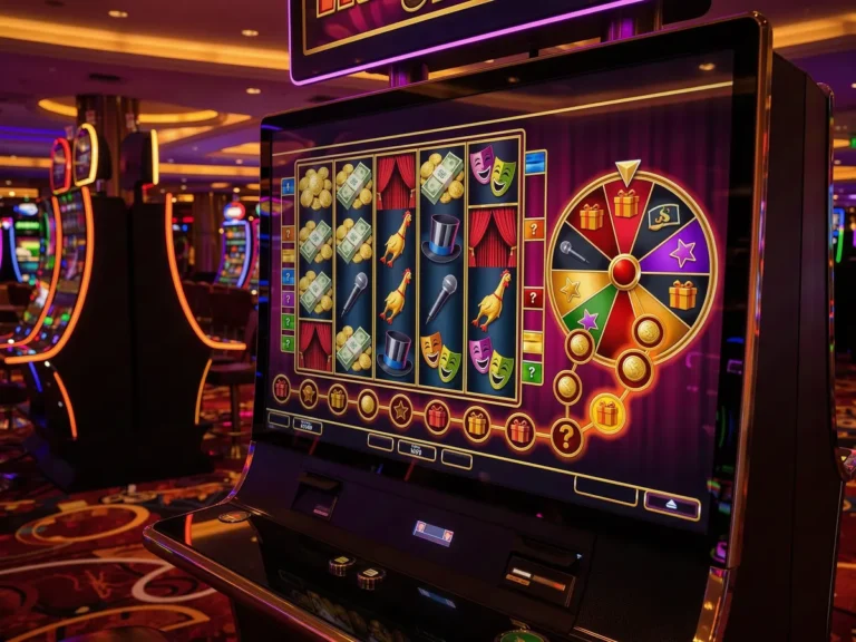 Slot game interface with cash symbols, prize wheel and bonus trail on a casino lobby screen