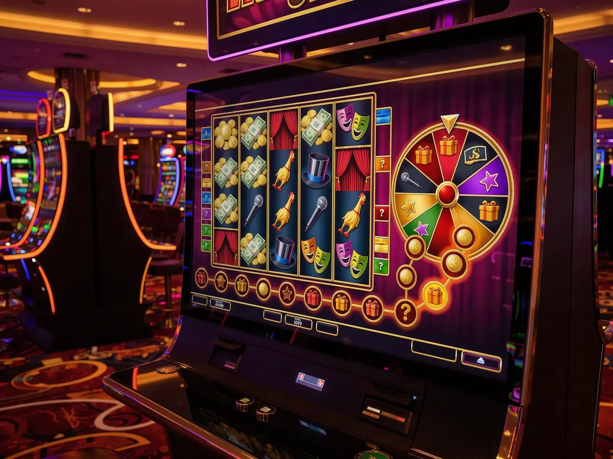 Slot game interface with cash symbols, prize wheel and bonus trail on a casino lobby screen