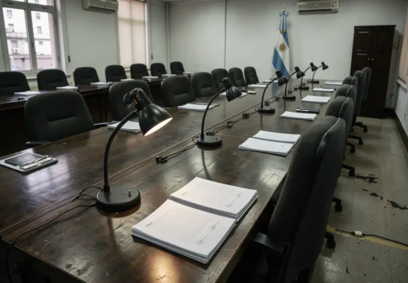 Empty provincial legislative committee room with unsigned documents on the table