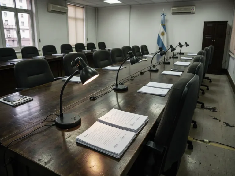 Empty provincial legislative committee room with unsigned documents on the table