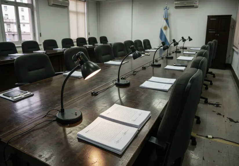 Empty provincial legislative committee room with unsigned documents on the table