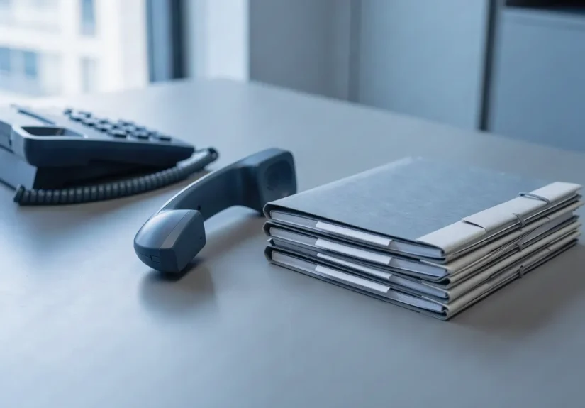 Telephone handset off the hook next to audit folders, illustrating oversight of gambling helplines