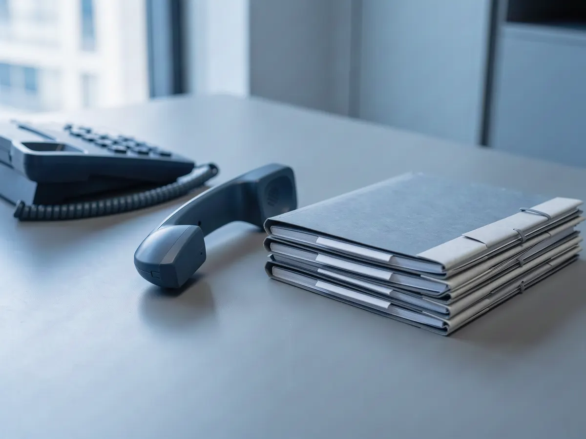 Telephone handset off the hook next to audit folders, illustrating oversight of gambling helplines