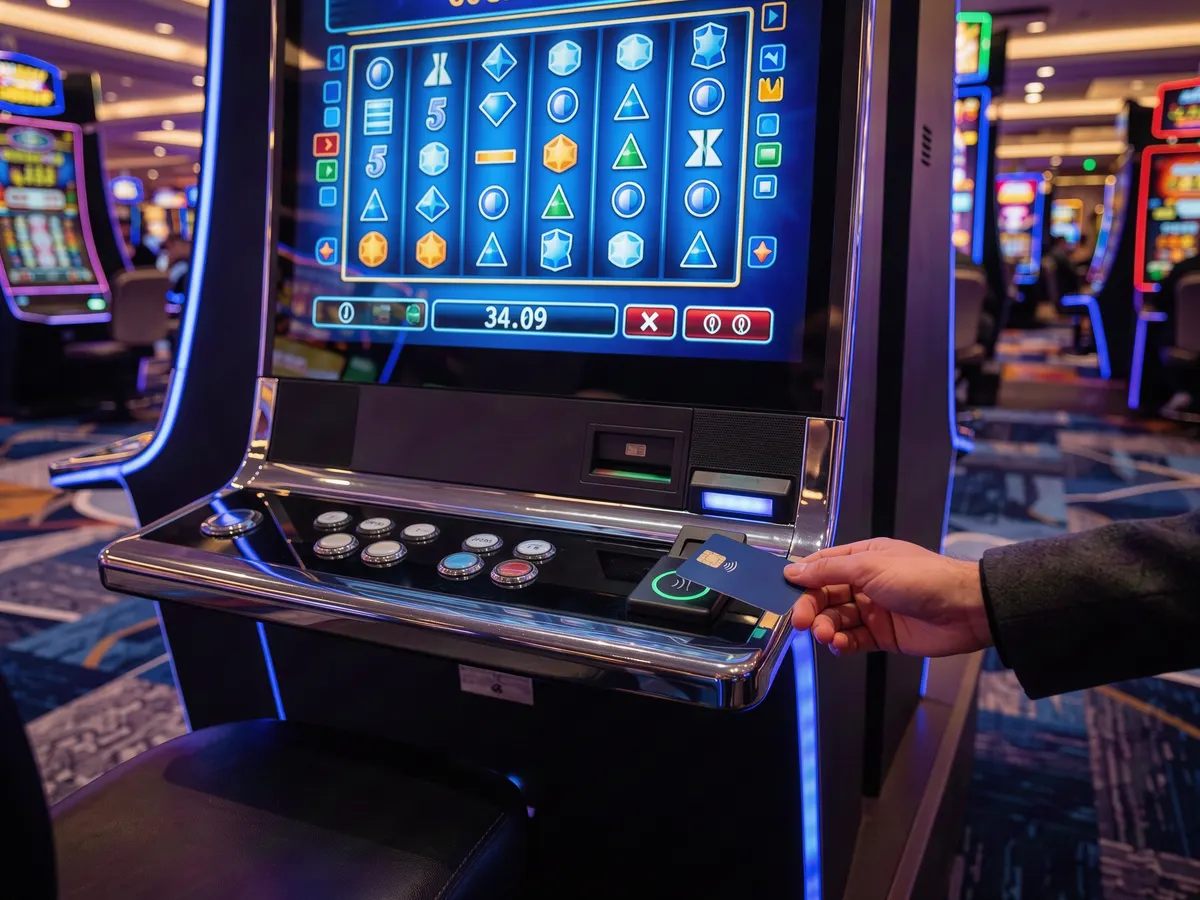 A player tapping a contactless card on a slot machine card reader on a casino floor