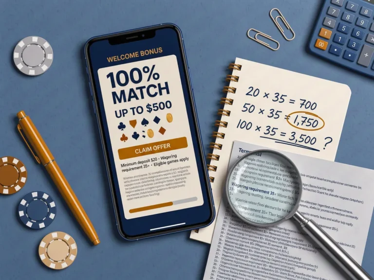 Phone showing a casino bonus offer next to handwritten wagering calculations and a magnifying glass over fine print