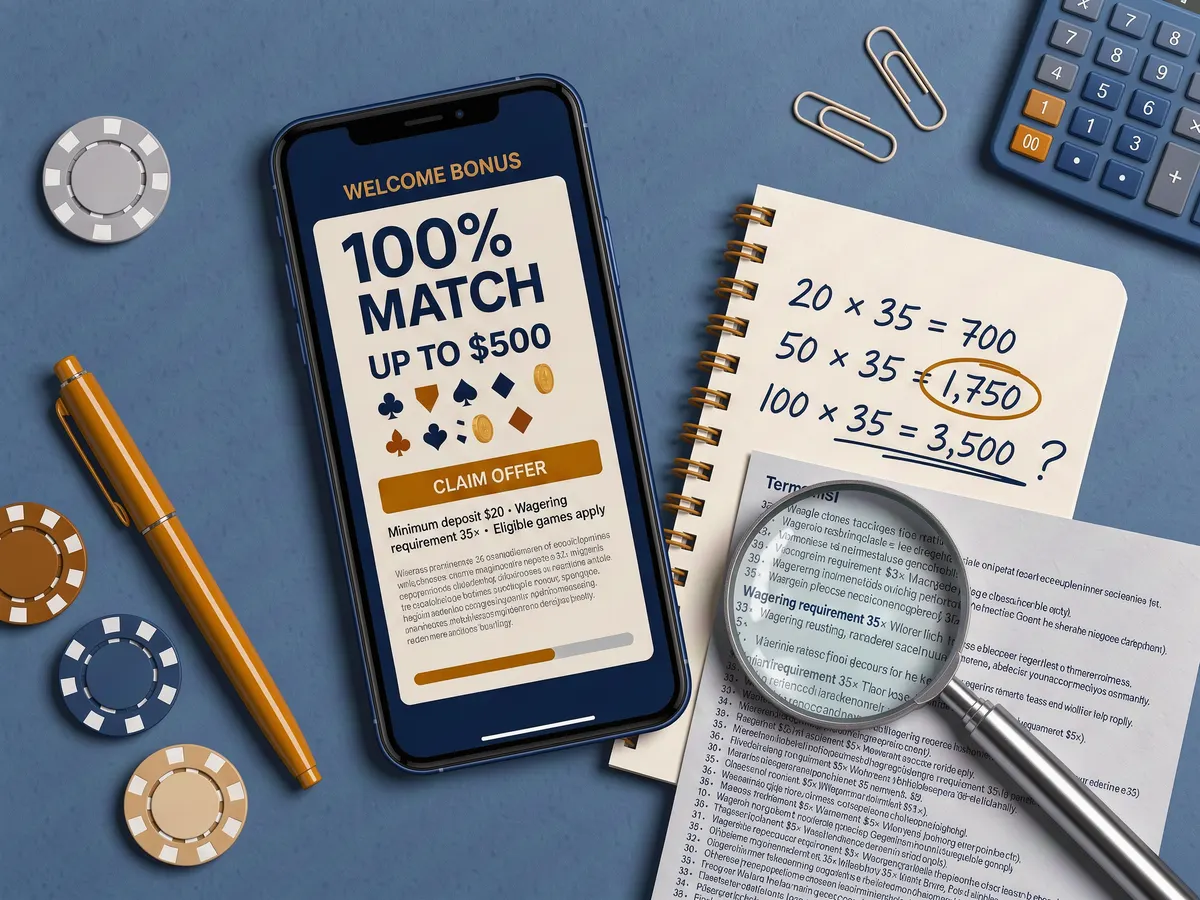 Phone showing a casino bonus offer next to handwritten wagering calculations and a magnifying glass over fine print