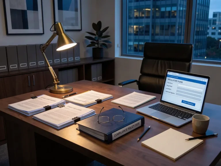 Desk with licensing documents and compliance files in an online casino operator's legal office