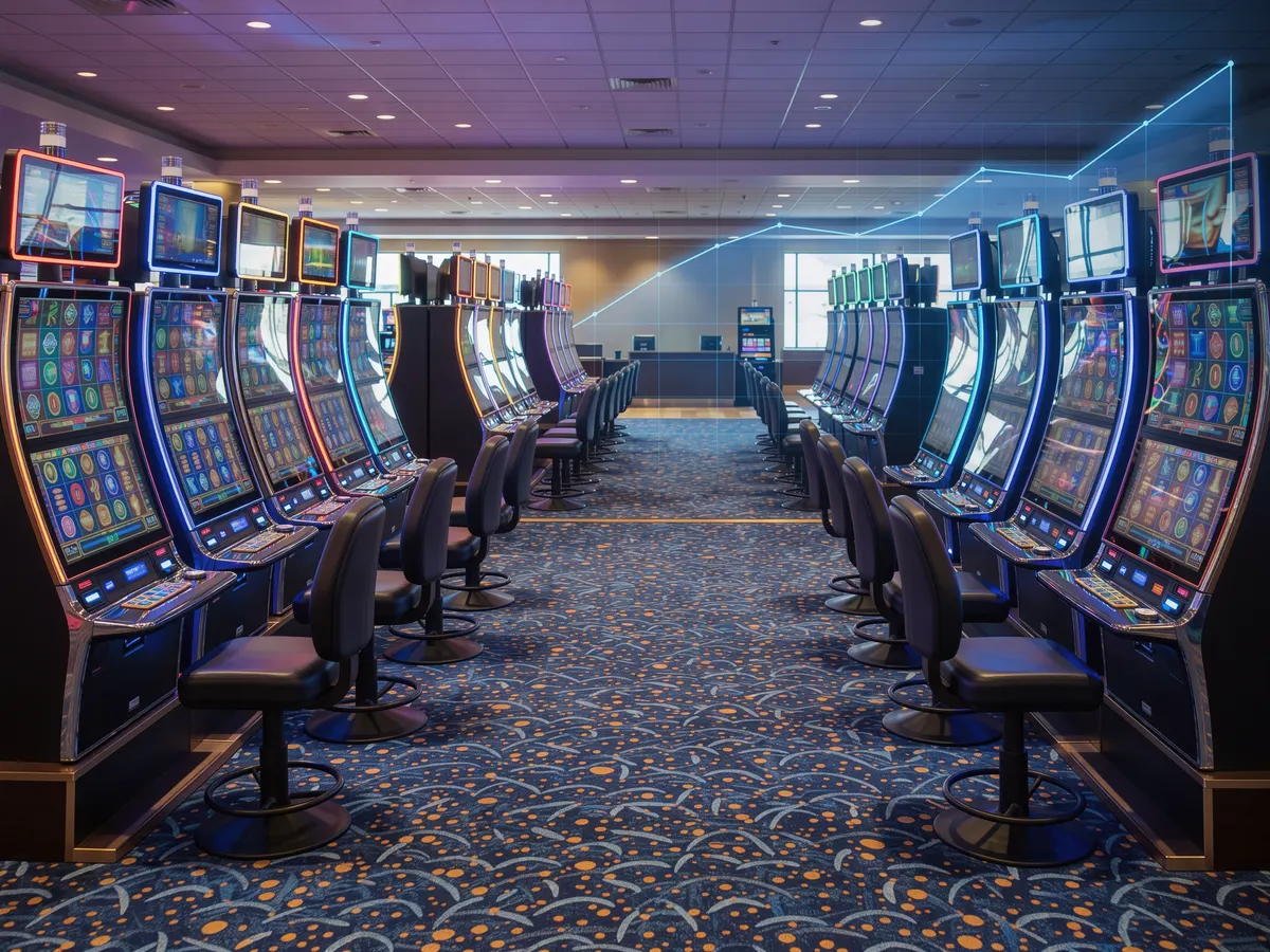 Casino slot machine floor with a rising revenue line chart overlaid