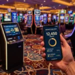Player using a rewards app on a smartphone beside a casino loyalty kiosk on a casino floor