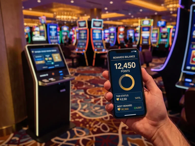 Player using a rewards app on a smartphone beside a casino loyalty kiosk on a casino floor
