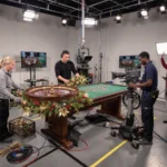 Technicians testing cameras and lighting around a seasonally decorated live casino roulette table
