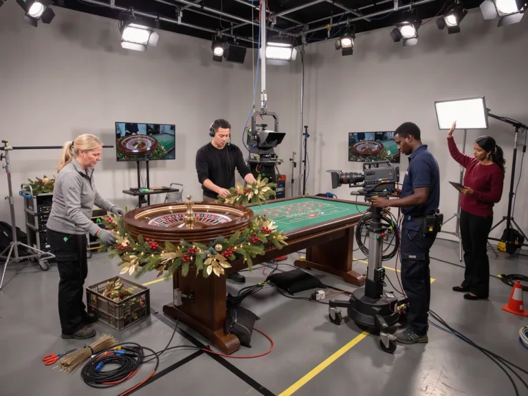 Technicians testing cameras and lighting around a seasonally decorated live casino roulette table