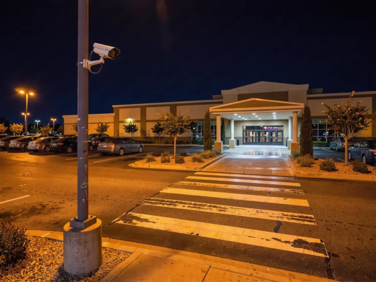 Night view of a casino entrance crosswalk and parking lot with a surveillance camera on a pole