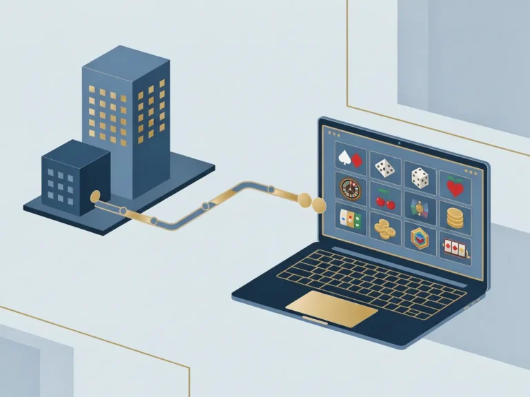 Illustration of a content distribution deal feeding new games into an online casino lobby