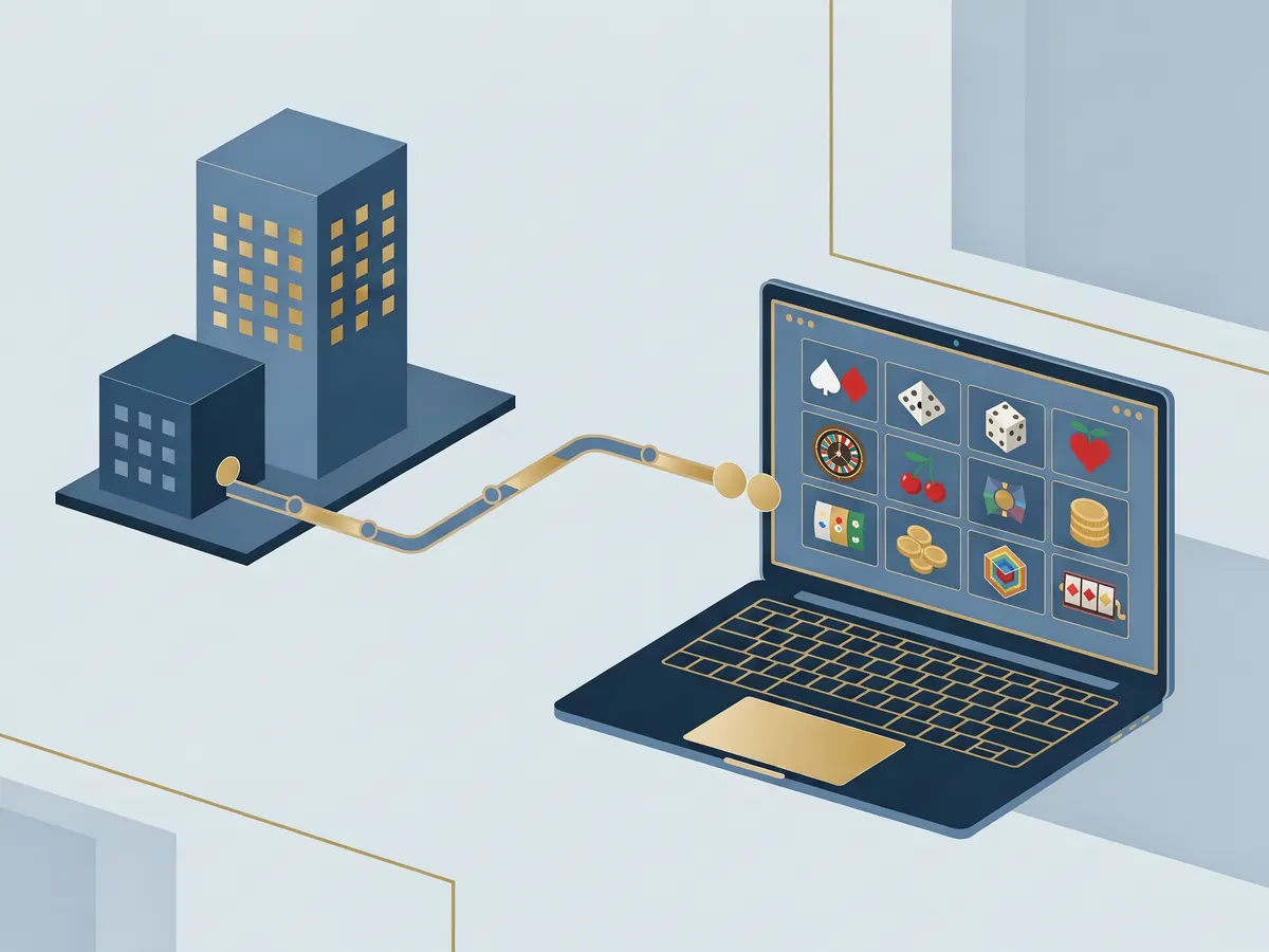 Illustration of a content distribution deal feeding new games into an online casino lobby