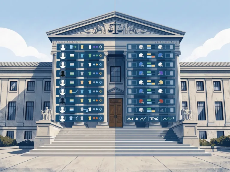 Illustration contrasting a fantasy sports lineup card with a sportsbook odds board outside a courthouse