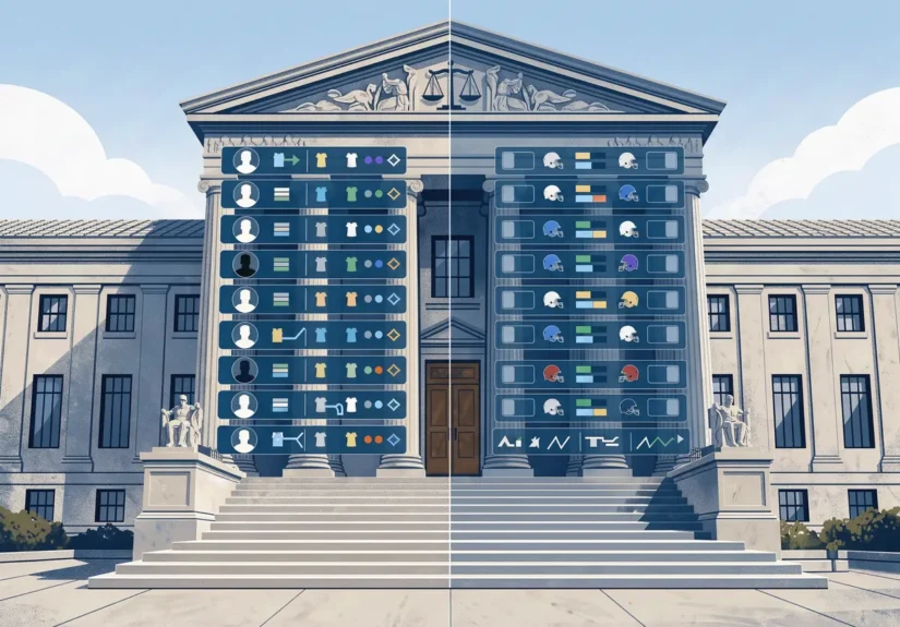 Illustration contrasting a fantasy sports lineup card with a sportsbook odds board outside a courthouse