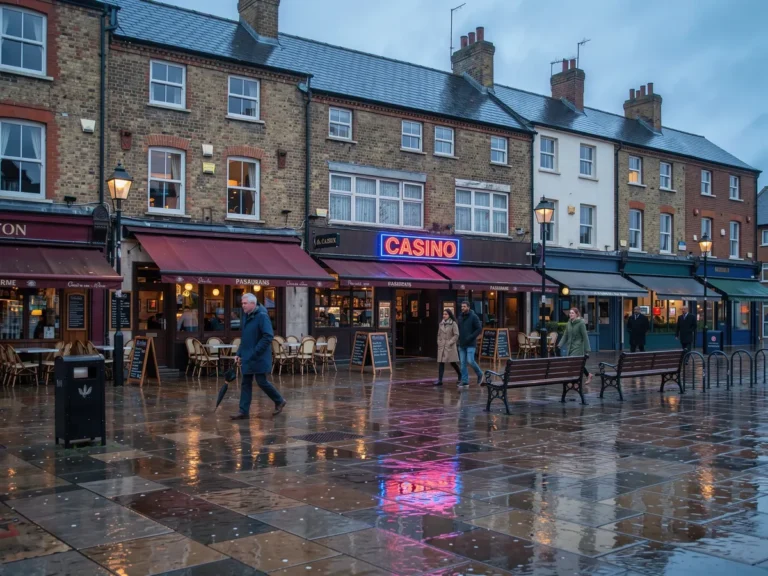 Casino sign lit above restaurants on a British town centre street at night