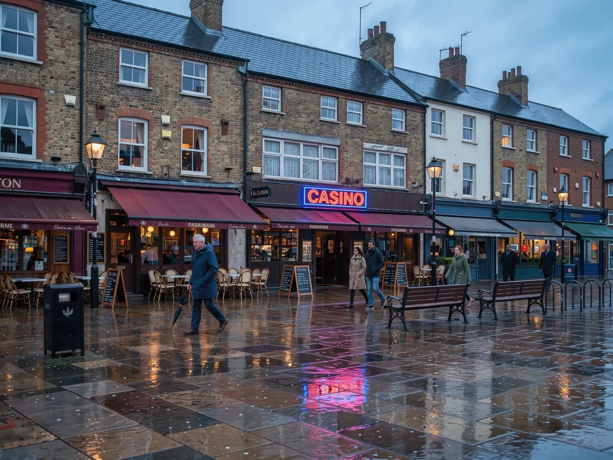 Casino sign lit above restaurants on a British town centre street at night