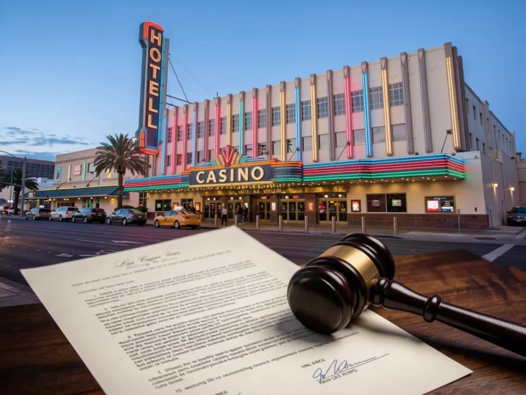 Downtown Las Vegas hotel-casino at dusk with court document overlay representing a casino ownership change