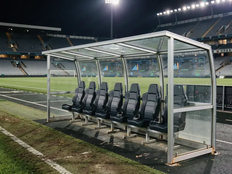 Empty football dugout with stadium lights and faint data screens, illustrating sportsbook technology branding
