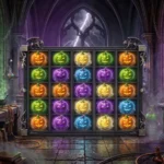 Gothic castle laboratory scene with glowing pumpkin symbols on a slot reel grid