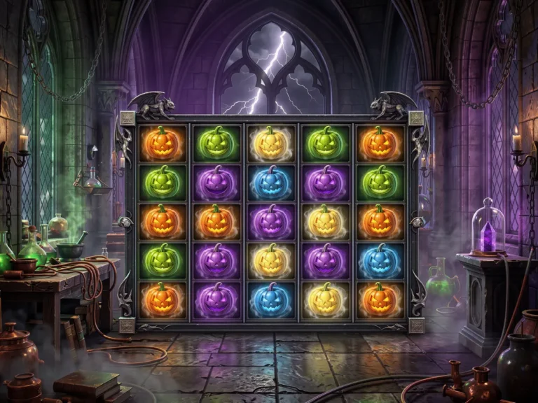 Gothic castle laboratory scene with glowing pumpkin symbols on a slot reel grid