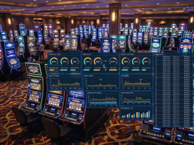 Casino slot floor with an overlay of machine meter and audit data from a casino management system