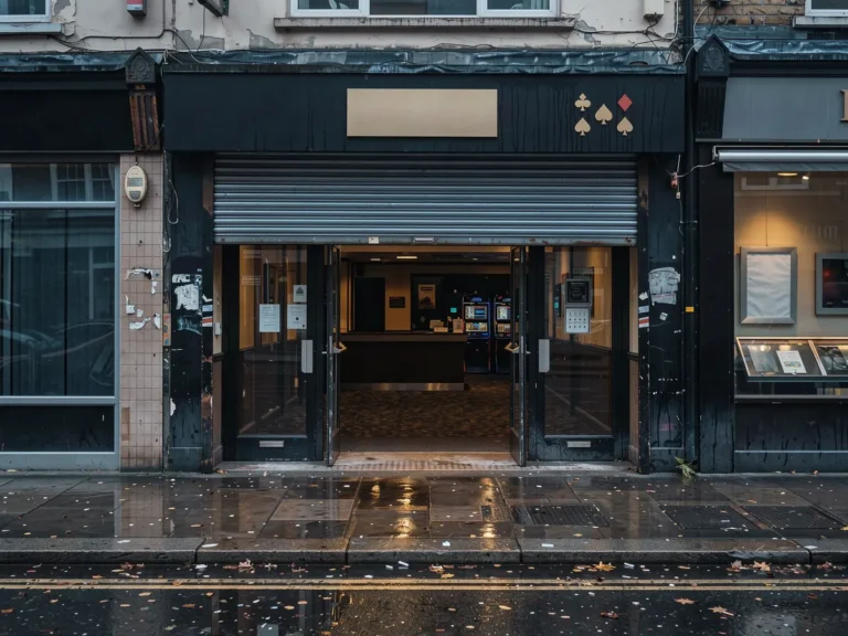 Closed high street casino entrance at dusk with darkened windows