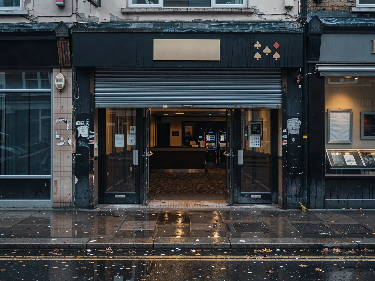 Closed high street casino entrance at dusk with darkened windows