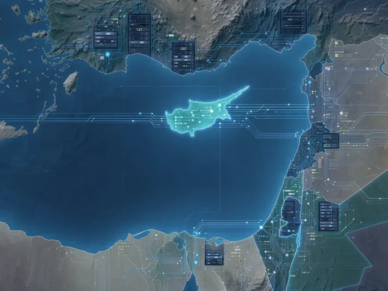 Illustration of Cyprus on a map connected to abstract platform technology infrastructure