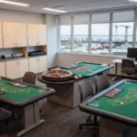 Casino dealer training tables with chips and card layouts in a modern classroom