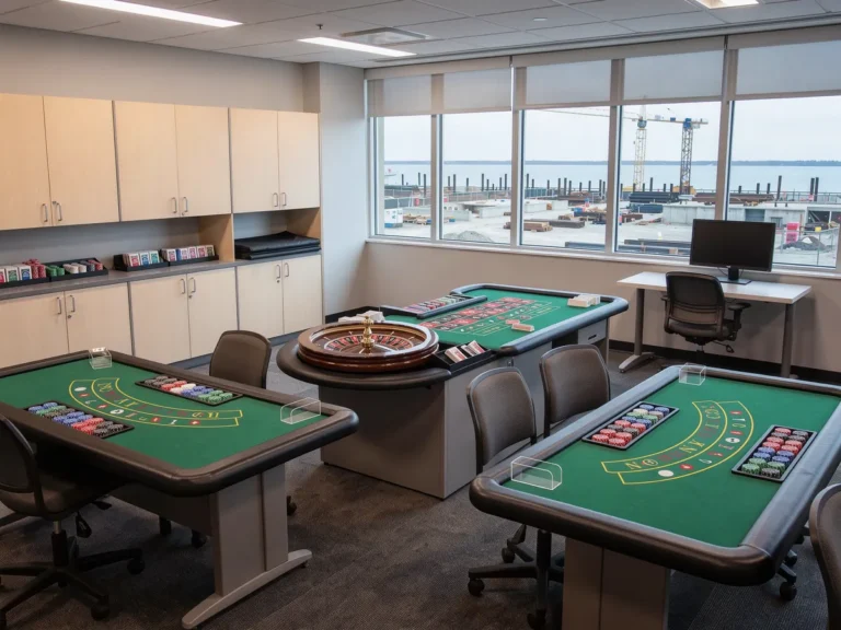 Casino dealer training tables with chips and card layouts in a modern classroom