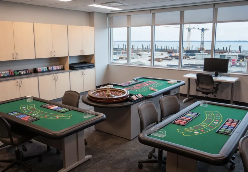 Casino dealer training tables with chips and card layouts in a modern classroom