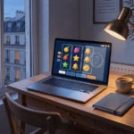 Slot game on a laptop screen with a regulatory licence seal reflected in the display