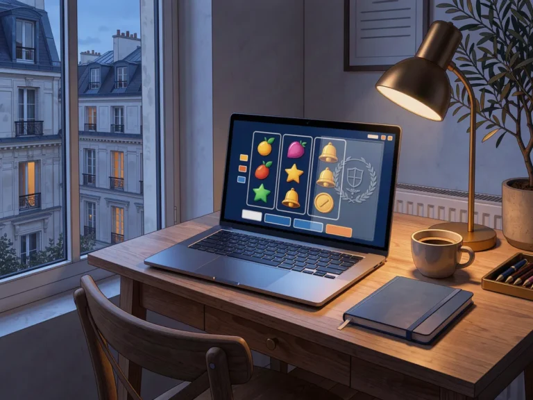 Slot game on a laptop screen with a regulatory licence seal reflected in the display