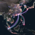 Illustrated night map of East Asia showing travel routes linking Osaka to other regional casino hubs