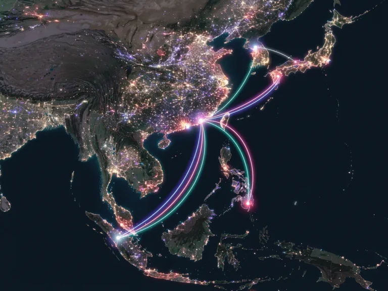 Illustrated night map of East Asia showing travel routes linking Osaka to other regional casino hubs