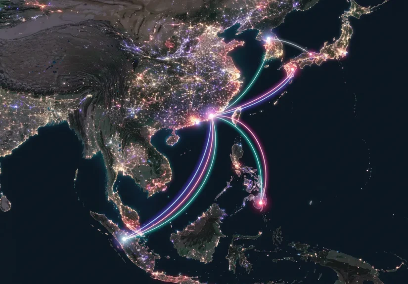 Illustrated night map of East Asia showing travel routes linking Osaka to other regional casino hubs