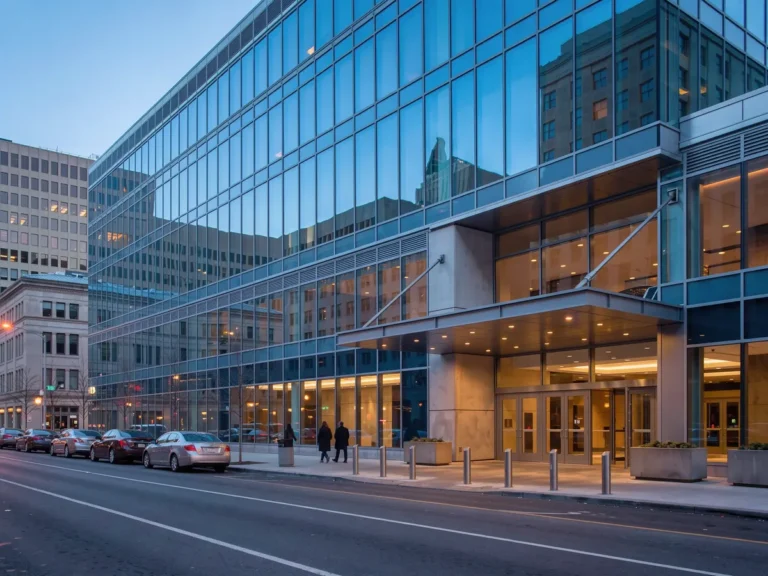 A downtown land-based casino building at dusk with city hall reflected in its glass facade